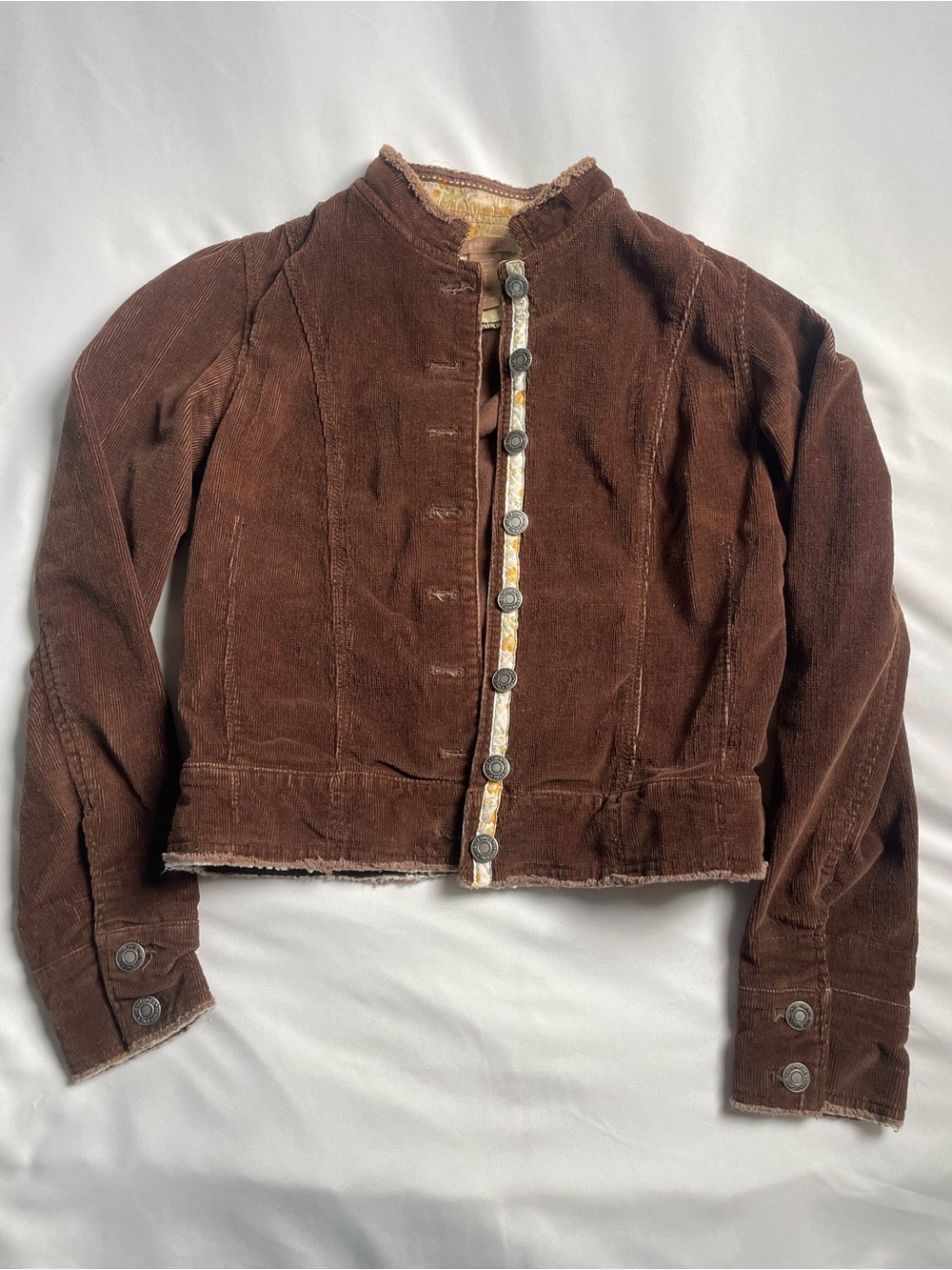 Vintage Y2K Gadzooks Brown Corduroy Jacket – Floral Trim, Cropped Fit Size Small